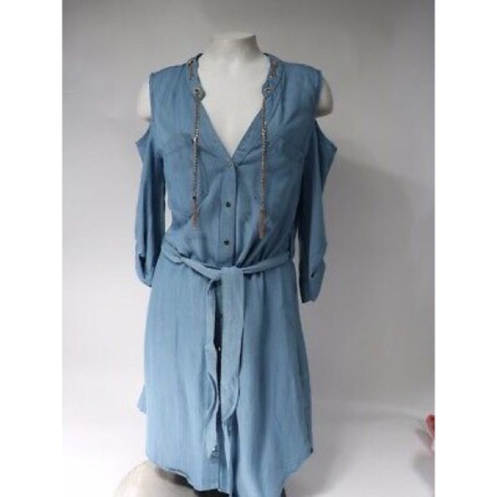 BEBE Chain Cold Shoulder Jean Button up Dress
